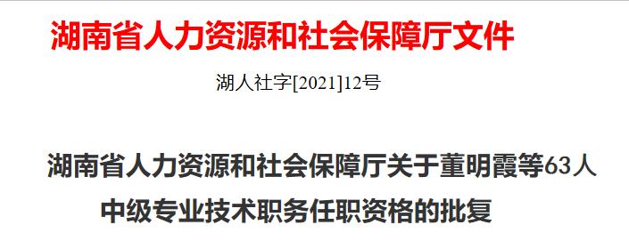 湖南省人力资源和社会保障厅关于董明霞等63人中级专业技术职务任职资格的批复